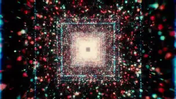 Colorful glowing particles in tunnel flow with squares. Motion. Beautiful flow of colorful particles in square tunnel. Cosmic or virtual tunnel with stream of particles — Stock Video
