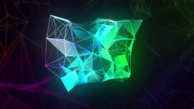 Koyu arkaplan. Hareket. Arka planda animasyonla yapılmış ve gölgelerde farklı tonlarda parlayan şeffaf geometrik bir figür..