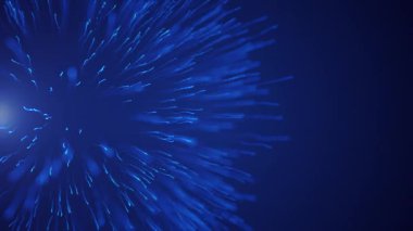 Mavi gökyüzünde soyut beyaz yıldız patlaması. Hareket. Yıldızlı arka plan, her tarafa toz bulutu saçılıyor..