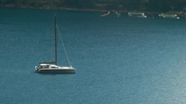 Yeşil kıyı boyunca yelken açan küçük bir teknesi olan yaz manzarası. Yaratıcı. Yaz tatili ve dalgalı deniz yüzeyi kavramı.