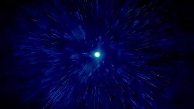 Mavi gökyüzündeki patlamadan önce soyut beyaz yıldız enerji ışınlarını emiyor. Hareket. Bulutlu gece arkaplanı, uzay tozu ve parlayan ışıklarla.