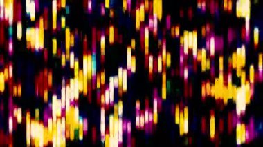 Dikey çizgilerde titrek noktalar. Hareket. Güzel renk noktaları çizgilerin akışında parıldıyor. Renkli ışıltılı çizgiler ve renkler. Vuruşlarla geçmişe dönük canlandırmalar