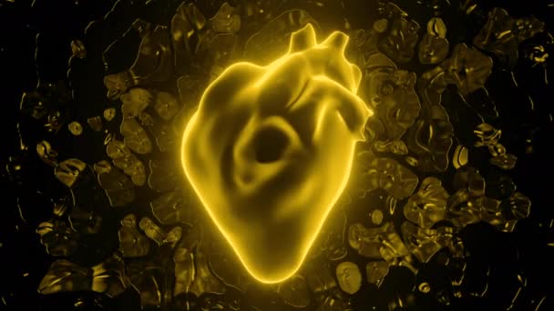 밝은 배경. 디자인. 충동적으로 박동하고 회전하는 애니메이션으로 만든 노란색과 파란색 심장. — 비디오