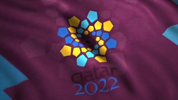 Флаг чемпионата мира по футболу 2022 года. Движение. 3D флаг с логотипом чемпионата мира по футболу 2022 года в Катаре. Фифа в Катаре 2022. Чемпионат мира по футболу в Катаре — стоковое видео