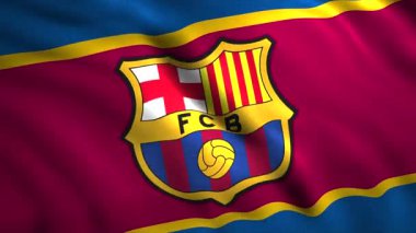 İspanyol futbol kulüplerinin bayrakları. Hareket. Bayraklı ve futbol kulübünün amblemli arka plan animasyonu. İspanyol Futbol Kulübü Barcelona