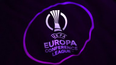 UEFA Avrupa Konferans Ligi 'nin soyut amblemini kapatın. Hareket. Gerçekçi bir arka plan, kusursuz bir döngü. Sadece yazı işleri için..