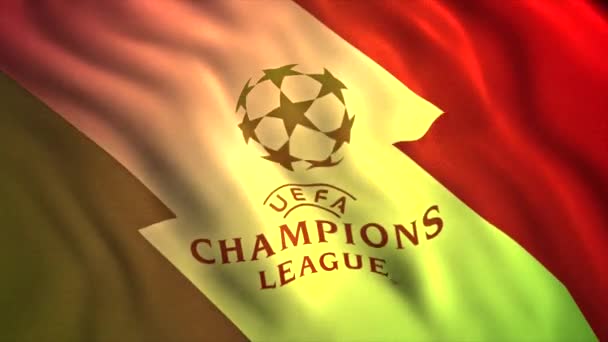 Gros plan de l'emblème de la ligue des champions de l'UEFA avec une boule de petites étoiles. Motion. Concept de sport et de patriotisme. À usage rédactionnel seulement. — Video