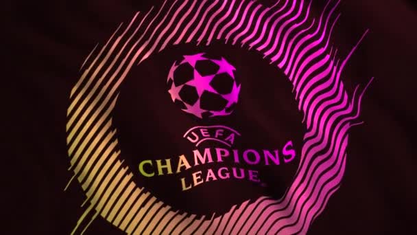 Primer plano del emblema de la liga de campeones de la UEFA con una bola de estrellas pequeñas. Moción. Concepto de deporte y patriotismo. Únicamente para uso editorial. — Vídeos de Stock