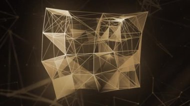 Koyu arkaplan. Hareket. Arka planda animasyonla yapılmış ve gölgelerde farklı tonlarda parlayan şeffaf geometrik bir figür..