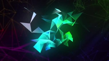 Neon arkaplan. Hareket. Parlak bir şebeke, soyutlama ve farklı açılardan parlayan çeşitli beyaz desenler yaratıyor..