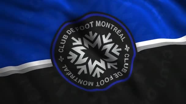 Bandera del club de fútbol profesional canadiense con sede en Montreal. Moción. Bandera realista abstracta con el emblema del CF Montreal. Únicamente para uso editorial. — Vídeos de Stock