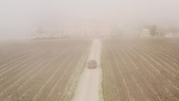 Wüste Natur.Aktion.Ein verlassenes Feld mit Dickicht und einer Straße, auf der ein teures ausländisches Auto fährt, und man sieht die Stadt hinter dem Nebel. — Stockvideo