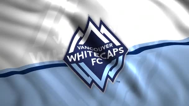 Närbild av Vancouver Whitecaps FC kanadensiska professionella fotbollslag flagga, sömlös loop. Rörelse. Ripplande färgglada flagga, sömlös loop. Endast för redaktionellt bruk. — Stockvideo