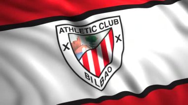 3D bayraklı futbol kulübü logosu. Hareket. Futbol kulübü logosu ve bayrak sallayan spor geçmişi. İspanyol futbol kulübü Athletic Bilbao 'nun logosu