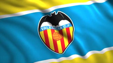 Valencia CF futbol kulübü logosu ile bayrak sallayarak yaklaş, kusursuz döngü. Hareket. Spor anlayışı ve ulusal gurur. Sadece yazı işleri için..