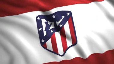 Atletico Madrid bayrak sallama arka planı, kusursuz döngü. Hareket. Futbol kulübü logolu gerçekçi 3D ipek kumaş. Sadece yazı işleri için..