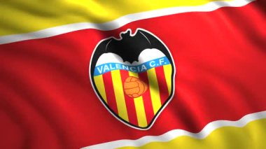 3D bayraklı futbol kulübü logosu. Hareket. Futbol kulübü logosu ve bayrak sallayan spor geçmişi. İspanyol futbol kulübü Valencia 'nın logosu