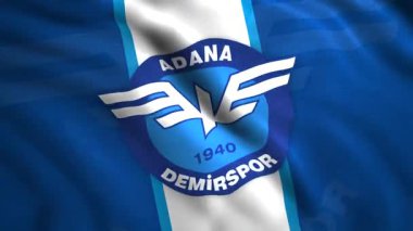 Türk Futbol Kulübü logosu. Hareket. Türk futbol kulübünün amblemiyle bayrak sallamanın 3 boyutlu arka planı. Türk futbol kulübü Adana Demirspor