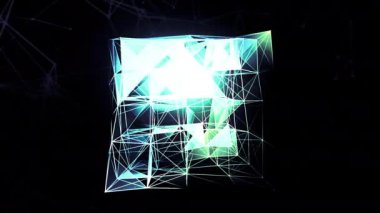 Şeffaf geometrik şekil. Hareket. Izgaradan ince beyaz bir karenin farklı renklerle vurgulandığı koyu bir arkaplan..