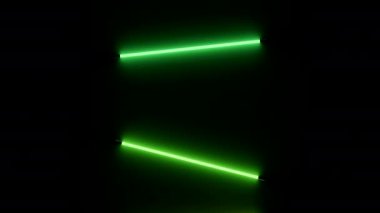 Soyut akışkan neon yeşil çubuklar siyah bir zemin üzerinde izole edilmiş, pürüzsüz bir döngü. Tasarım. Kısa parlayan bölümler aşağı iniyor.