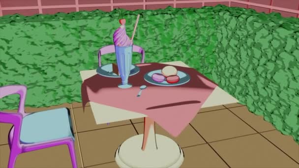 테이블과 두 개의 의자와 추상 대조 인테리어, 카페의 내부 전망. 디자인입니다. 맛있는 케이크, 마카롱, 밀크 셰이크. — 비디오