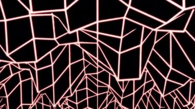 Siyah bir arkaplan üzerinde soyut hareketli dönüşümlü neon ızgarası. Tasarım. Dağlık yolun dağ siluetleriyle görselleştirilmesi.