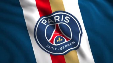 Fransız futbol kulübünün bayrağı. Hareket. Fransa futbol kulübü logosu ve bayrak sallayan 3 boyutlu bir arka plan. Fransız futbol kulübü Paris Saint-Germain 'in logosu