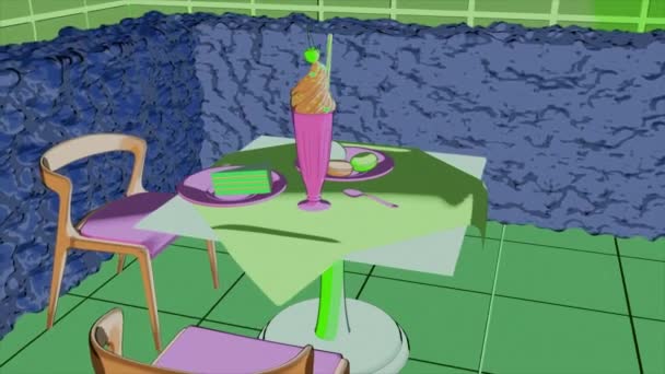 Αφηρημένο εσωτερικό μέσα καφετέρια με icecream κοκτέιλ, κέικ, και αμυγδαλωτά. Σχέδιο. Αντίθεση χρωμάτων τοίχων και επίπλων. — Αρχείο Βίντεο