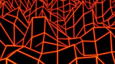 Siyah bir arkaplan üzerinde soyut hareketli dönüşümlü neon ızgarası. Tasarım. Dağlık yolun dağ siluetleriyle görselleştirilmesi.