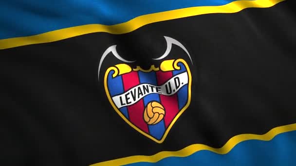Κοντινό πλάνο του κουνώντας σημαία της ισπανικής ποδοσφαιρικής ομάδας Levante UD. Κίνηση. Ρεαλιστικό λογότυπο ποδοσφαιρικής ομάδας σε κυματιστή σημαία. Μόνο για εκδοτική χρήση. — Αρχείο Βίντεο