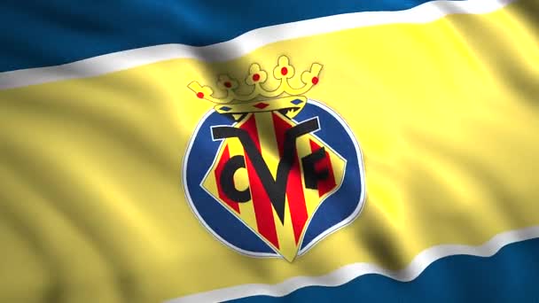 Die Fußballmannschaft des FC Villarreal schwenkt eine Fahne. Bewegung. Vereinslogo von Spanien. Nur für redaktionelle Zwecke. — Stockvideo