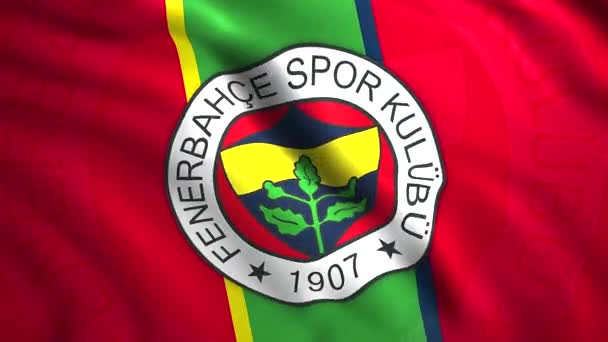 Κυματιστή σημαία με το λογότυπο της ποδοσφαιρικής ομάδας Φενέρμπαχτσε, κοντινό πλάνο. Κίνηση. Τουρκικός επαγγελματικός ποδοσφαιρικός σύλλογος με έδρα την Κωνσταντινούπολη. Μόνο για εκδοτική χρήση. — Αρχείο Βίντεο