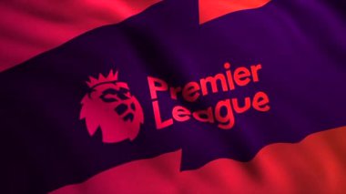 Renkli Premier Lig bayrağıyla animasyon. Hareket. Premier Futbol Ligi amblemiyle 3D bayrak sallıyor. İngiltere Premier Lig Futbol Şampiyonası