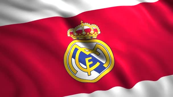 Närbild av viftande flagga med Madrid fotbollsklubb logotyp, sömlös loop. Rörelse. Vinka flagga med Madrid fotbollslag logotyp. Endast för redaktionellt bruk. — Stockvideo