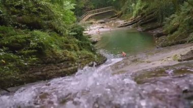 Ormanda küçük bir dağ nehri akar. - Yaratıcı. Şeffaf bir nehirde kahverengi taşlar. Dalgalar ve kayalarla dolu küçük bir nehir. Arka planda merdiven var.