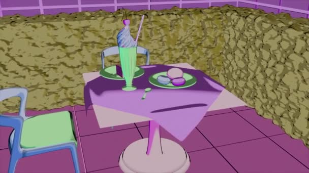 Abstraktní interiér v jídelně s ledovým koktejlem, dortem a makaróny. Design. Kontrastní barvy stěn a nábytku. — Stock video