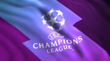 Parlak Şampiyonlar Ligi bayrağı. Hareket. Şampiyonlar Ligi yazılı 3D bayrak sallıyor. Şampiyonlar Ligi futbol bayrağının güzel arka planı