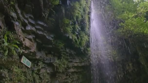 Uma corrente de água flui lentamente pelas rochas. Criativa. Uma mulher está debaixo de uma cascata. A câmera de cima para baixo mostra uma cachoeira e uma garota perto dela — Vídeo de Stock