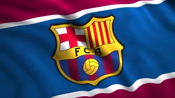 Die Fahne des FC Barcelona.Bewegung.Das Emblem des spanischen Profifußballklubs aus der gleichnamigen Stadt, der am meisten betitelte Verein Spaniens und die fünf besten Meisterschaft.Nur für redaktionelle Zwecke verwenden. — Stockvideo