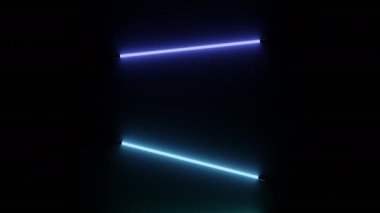 Siyah arkaplan. Çok renkli çizgiler, hafifçe eğik ve canlandırılmış, soyutlama ile karanlık sahneler boyunca ilerler.