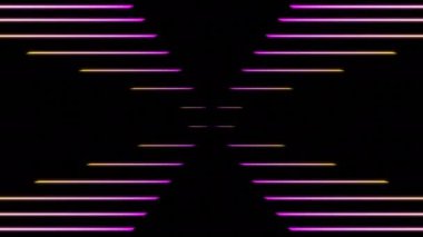 Hareket eden neon çizgilerin haçı. Tasarım. Retro çizgili neon animasyon. Renkli neon çizgileri siyah arkaplanda çapraz desen oluşturur