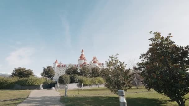 Rueda de la fortuna en el parque de atracciones cerca del hotel Bogatyr, Sochi, Rusia. Acción. hermoso parque en un día soleado de verano sobre un fondo azul nublado. — Vídeo de stock