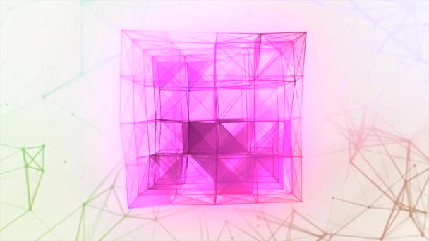 Kostka geometrických spojení čar. Pohyb. Žhnoucí krychle blikajících trojúhelníků a lineárních spojů. Plexus geometrických čar do holografické 3D kostky — Stock video