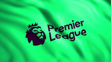 Renkli Premier Lig bayrağıyla animasyon. Hareket. Premier Futbol Ligi amblemiyle 3D bayrak sallıyor. İngiltere Premier Lig Futbol Şampiyonası