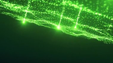Parlak parçacıkların olduğu yeşil akım. Hareket. Parlayan parçacıkların büyülü yeşil akışı. Bitki parçacıklarının sihirli akışı. Dalgalı dereden parlayan noktalar yükselir