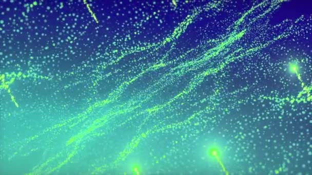 Grüne, glänzende Kometen fliegen mit schönen Schweifen. Bewegung. Fliegende winzige verschwommene Teilchenwolken. — Stockvideo