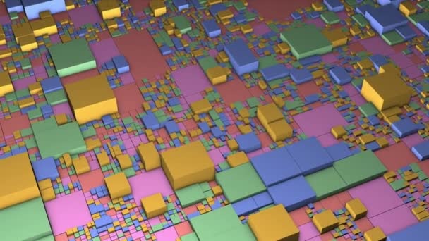 Pohyblivé schéma barevných čtverců. Pohyb. 3D mapa diagramu barevných čtverců. Na pokřiveném povrchu se pohybuje spousta barevných čtverců. Abstraktní základní deska — Stock video