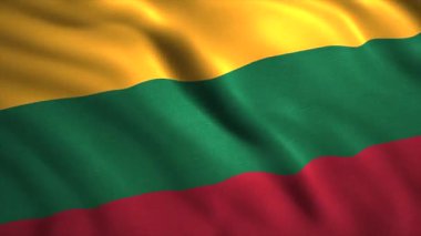 Litvanya 'nın ulusal bayrağı rüzgarda dalgalanıyor. Hareket. Sarı, yeşil ve kırmızı renkli geniş paralel çizgili bayrak.