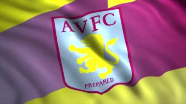 Futbol kulübü logolu bayrak animasyonu. Hareket. Üzerinde güzel bir futbol kulübü logosu olan bayrak sallıyor. İngiliz futbol kulübü Aston Villa 'nın 3D bayrağıyla arka plan