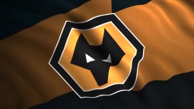 Renkli bir bayrağın üzerinde şematik bir kurt kafası olan soyut altıgen şekilli amblem. Hareket. Wolverhampton Wanderers Futbol Kulübü bayrağı. Sadece yazı işleri için..